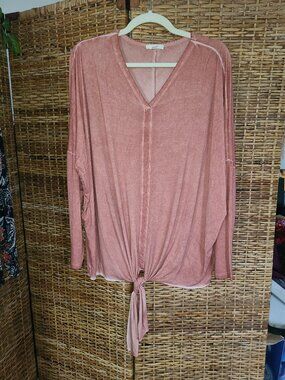 Easel Oversize Women’s Tie Front Blouse Loose Relaxed Fit V-Neck SZ M